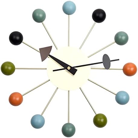 MOLEIHAO Wood Ball Wall Clock 13 inches Silent Non Ticking Battery Operated,Mid Century Modern Decorative Art Quartz Clocks for Living Room Kitchen,Multicolor