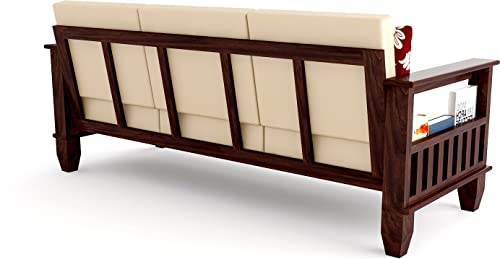 Image of Solid Sheesham Wood Sofa Set 3 Seater | Wooden 3-Person Sofa Couch for Home Office | Sofa Sets for Living Room | Three Seater Sofa with Side Magzine & Newspaper Holder | Walnut Finish