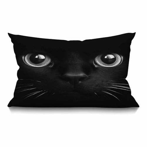 Smooffly Cat Pillow Case,Cute Black Cat Face with Black Eye Cotton Linen Throw Pillow case Cushion Cover for Sofa Home Decorative Oblong 12x20 Inches