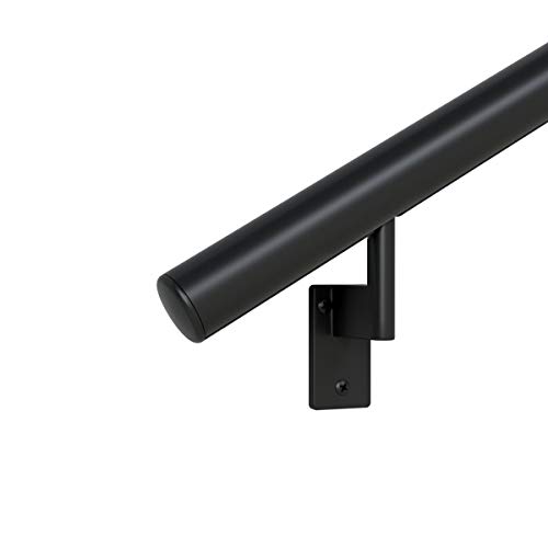 Weekly Top Sale 6 ft. Handrail - Complete Kit. Satin Black Anodized Aluminum with 4 Satin Black Wall Brackets + Flush Endcaps, 1.6 Round