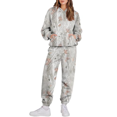 Sweat Suits for Womens Camo Hoodie 2 Piece Long Sleeve Crewneck Sweatshirts Wide Leg Sweatpants Matching Lounge Sets