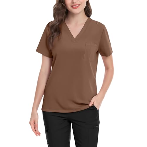 Image of FONMA Scrub Tops Women Plus Size Stretchy V-Neck Scrub Shirts with 4 Pockets Breathable Short Sleeve Nurse Uniforms
