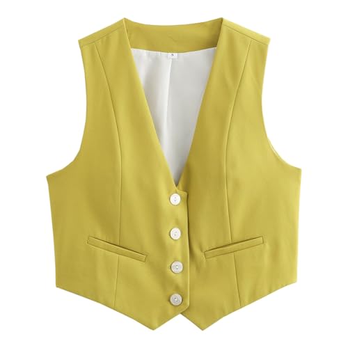 Chaleco de traje corto para mujer, cuello elegante, chaqueta larga con botones para mujer, amarillo, S