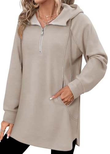 onlypuff Women Hoodie Pullover Trendy Quarter Zipper Lapel Sweatshirts Drawstring Cute Hooded Tunic Tops with Side Pockets