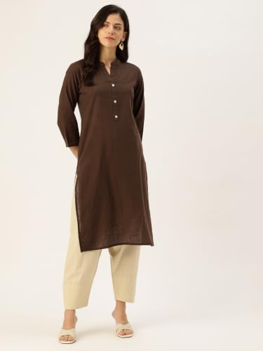 Image of feranoid Women's Plain Cotton Kurta with Mandarin Collar, 3 /4 Sleeves & Pocket