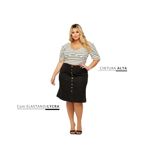 Saia Evangélica Jeans Plus Size Midi Cintura Alta Estilo Lápis com Lycra (50, Preto)