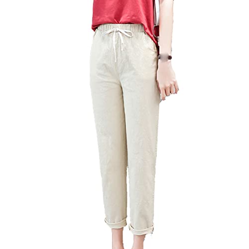 Maiyifu-GJ Women's Linen Drawstring Cropped Pants Summer Soft Casual Elastic Waist Trousers Tapered Cropped Pant with Pockets (Apricot,Medium)