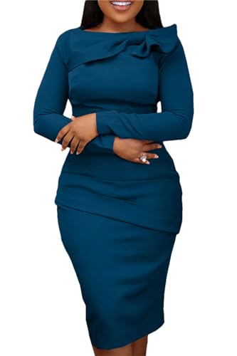 Women Vintage Pencil Midi Dress Long Sleeve Ruched Work Party Church Elegant Bodycon Dresses2