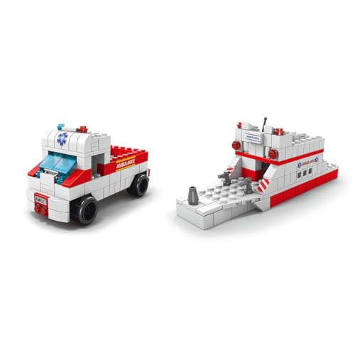 Image of SKY LINE OCEAN 6-in-1 Ambulance Building Block Set Toys | STEM Kit for Kids | Build Rescue Ambulances & Emergency Vehicles (1000+ Pcs) | Birthday Gift for Boys & Girls || 6 Months Structural Warranty