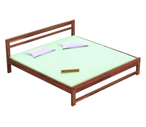 Image of Sheesham Wood Bed Without Storage Solid Wooden Cot Double Bed Furniture Elegant and Functional Bedroom Living Room Home Palang (Honey, Queen)