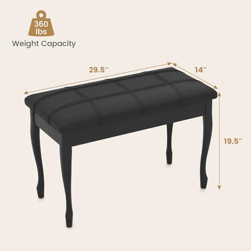 GLACER Piano Bench with Storage, Heavy Duty Duet Seat Stool with PU Leather Padded Cushion and Solid Wood Legs, 360 LBS Capacity, Home Use Keyboard Bench for Living Room (Black)