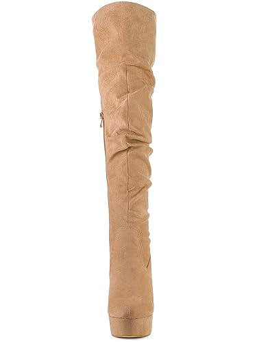 Allegra K Allegra K Women's Platform Round Toe Zipper Slouch Heel Khaki Over the Knee Thigh High Boots 6.5 M US
