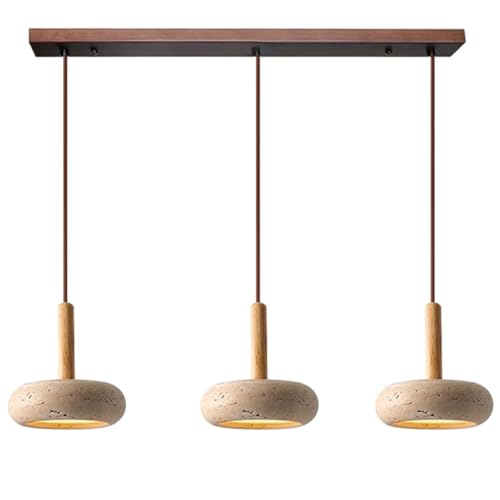 TMKOO Lustre À Suspension Wabi Sabi Travertin Jaune Pierre Naturelle Bois Nordique Lampe Suspendue LED Boucle Ajustable pour Chambre À Coucher Lampe De Chevet Salon Ile De Cuisine(Long)