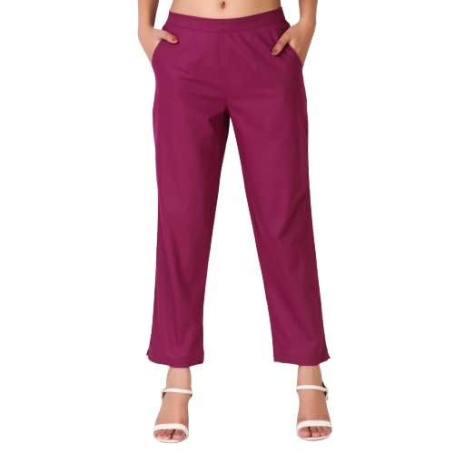 Image of Aarav Fabric Women's 100% Cotton Casual Pant | Ankle Length Regular fit Cotton Trouser | Straight Fit Formal Pants for Kurti, Office, Casual and Daily Outdoor Lifestyle
