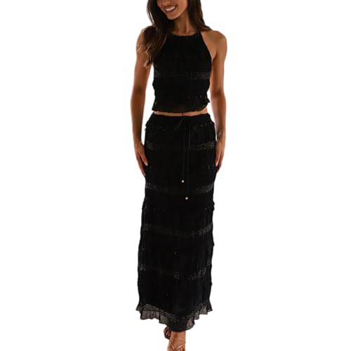 Image of Charm Elegant Two-Piece Maxi Skirt Set for Women Lace-Up Back Tank Top and Tie-Up High Long Skirt Set Vacation Set (black,Large)