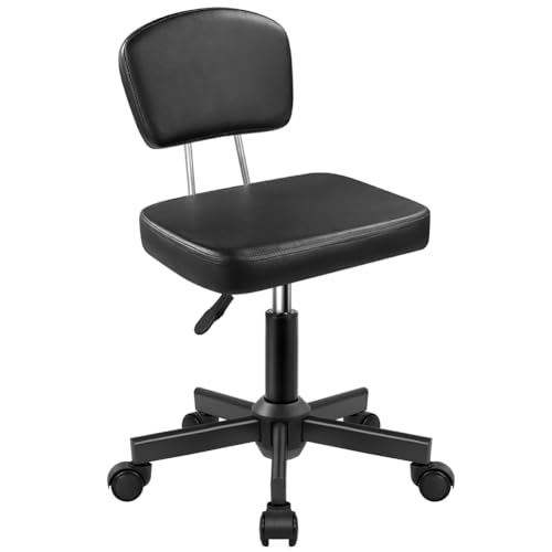 WKWKER Rolling Stool Chair with Backrest Height Adjustable 360 Swivel Stool with Wheels Square Seat PU Leather Rolling Stool for Bedroom Counter Shop Salon Massage Home Office Drafting Work (Black)