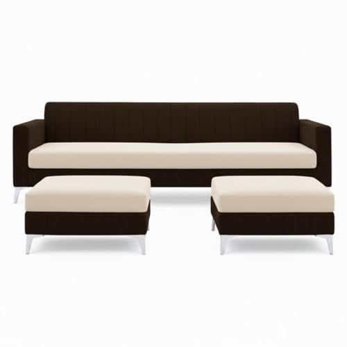 Image of Amelia 5 Seater L Shape Sofa Set with 2 Movable Ottomans | Flexible Layout | Rich Velvet Suede Fabric | Silver Legs | Spacious Seating | Modern Sofa for Living Room (Dark Brown-Cream)