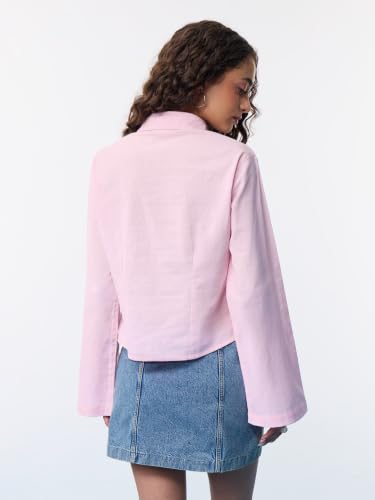 Image of The Souled Store Tailored Solids: Blush Heritage Women and Girls Full Length Sleeves Collared Pink Solid Cotton Oversized Casual Wear Shirt