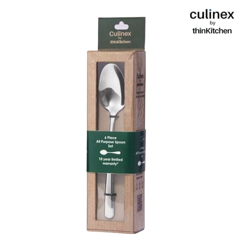 Image of Culinex 18 /8 Premium Stainless Steel 7.5 inch All Purpose Spoon Set of 6 for Dining Table, Kitchen | Heavy, Rustproof, Designer Silver Flatware By thinKitchen (Dora Series)