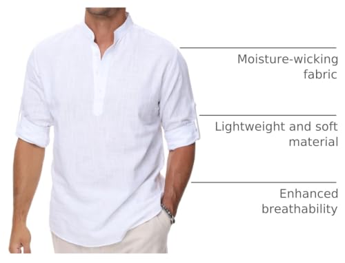 VANCOOG Men's Long Sleeve Cotton Linen Shirts White XL — view 4