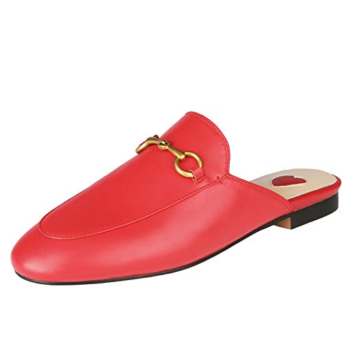 Image of Arqa Mules for Women Almond Toe Leather Flats Slip-on Comfort Backless Loafers Buckle Mule Shoes