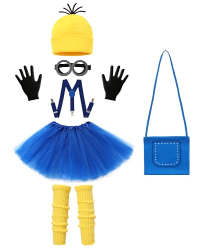 ZapLute 7Pcs Girls Yellow Costume Accessories Set Kids Halloween Cosplay Outfit with Beanie Goggles Gloves Suspenders Tutu Skirt Socks Crossbody Bag