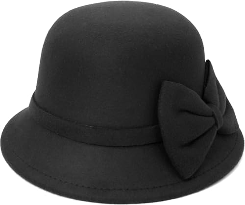 YeeHeen Filz-Glockenhut, Vintage-Fedora-Hut für Damen, Schwarz , Einheitsgröße
