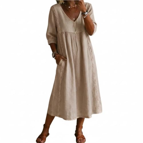Générique Robe midi pour Femme en Gaze de Coton – Col en V, Finitions en Dentelle, Manches 3/4 et P… – Vignette