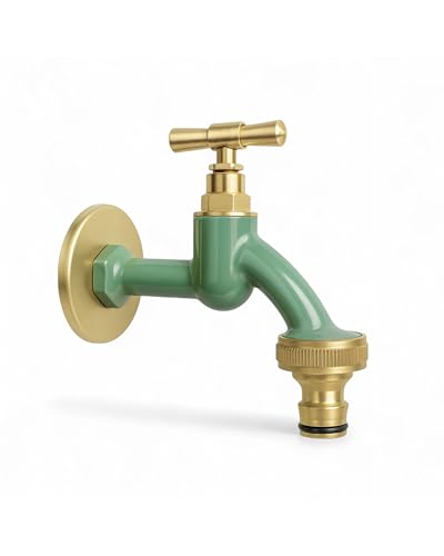 LIVLIG Grifo de agua exterior de 1/2 pulgadas con roseta y conexión de manguera de 1/2, grifo de agua fría de latón, grifo de jardín dorado, diseño de jardín, verde salvia