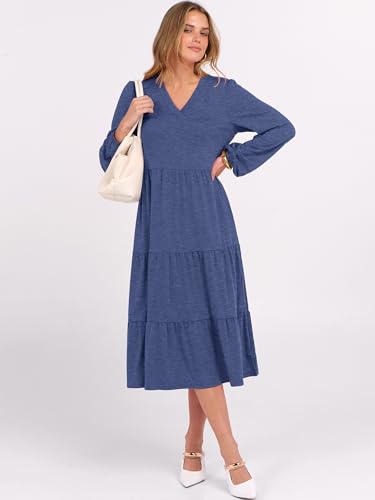 Image of ANRABESS Women's Long Lantern Sleeve Floral Midi Dresses 2026 Fall V Neck Casual Flowy A-line Tiered Boho Vacation Dress