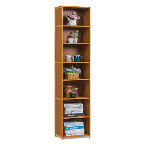 Monibloom Bamboo 7 Tier Free Standing Tall Bookcase Narrow Display Storage Shelves Collection Décor Furniture For Home Living Room Study Room, Brown #TOP25