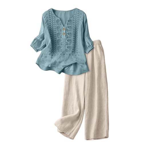 Conjunto de algodón y lino para mujer con camisa de manga corta y pantalón ancho
