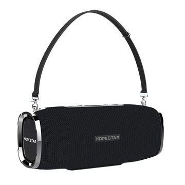 Hopestar H24 speaker with shoulder strap attached, showing side profile.