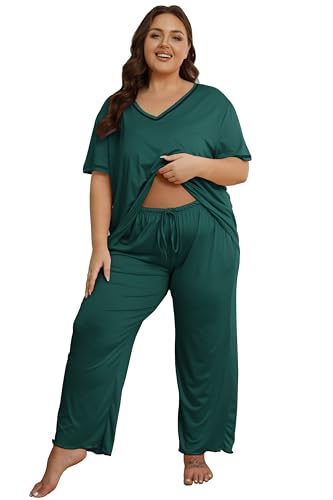 Image of Vozanet Women's Plus Size Pajama Sets Short Sleeve Long Pants Solid Color with Piping Trim Elegant Loungewear Cozy Sleepwear