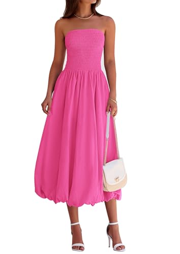 PRETTYGARDEN Women's 2025 Summer Strapless Tube Midi Dress Smocked A Line Bubble Long Flowy Casual Elegant Party Dresses (Rose Red,XX-Large)