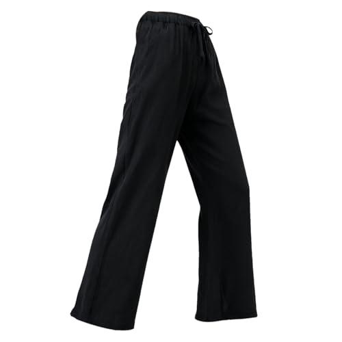Pantalon lin coton noir femme ample élastique jambes larges casual