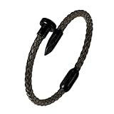 BIYONGDE Men's Braided Leather Bracelet with Black Stainless Steel Nail Ornament, Slim Leather Bangle Bracelet for Men and or Women, Minimalist and Urban Style Unisex (Brown, Medium)