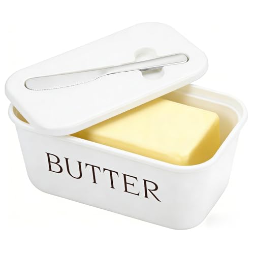 Eastrise Butter Dish with Lid and Knife for Kitchen Countertop,Large Food Grade PP Butter Holder, Includes Stainless Steel Spreader, BPA-Free Container Keeps Butter Soft & Spreadable (White)
