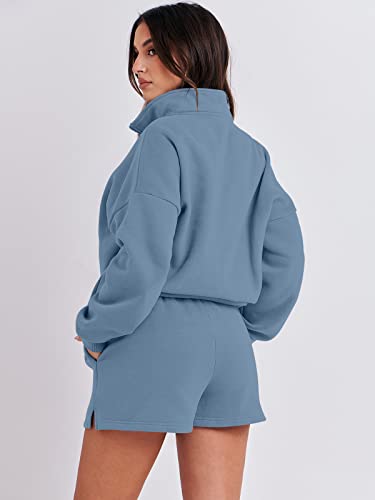 Anrabess Women's Oversized 2 Piece Lounge Sets Fall Outfits 2023 Long Sleeve Cozy Casual Pajamas Shorts Sweatsuit Matching Set Ci775-Shenlan-S #TOP4