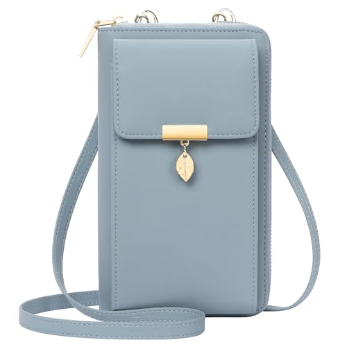 ENONEO Geldbörse Damen Handytasche zum Umhängen Leder PU Damen Umhängetasche Kleine RFID Schutz Handy Geldbeutel Frauen mit 12 Kartenfächer Handy Schultertasche Klein mit Reißverschluss (Blau)