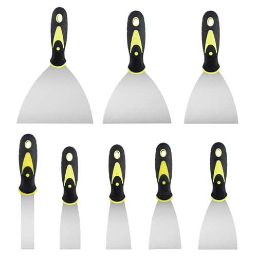 Lot de 8 spatules, spatule de surface, outil de construction à sec, spatule de peinture en acier inoxydable avec manche en plastique, couteau à mastic,...