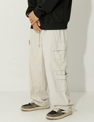 Men's Cotton Cargo Pants Mulit Pockets Drawstring Waisted Loose Straight Trousers2