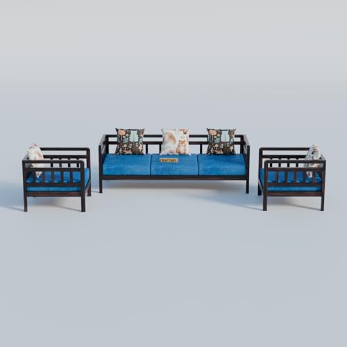 Image of Solid Sheesham Wood 5 Seater Sofa Set Without Centre Table for Living Room | Wooden 3+1+1 Five Seater Sofa Set with 5 Cushions | Modern Sofa Set for Home, Office & Lounge| Blue, Walnut Finish