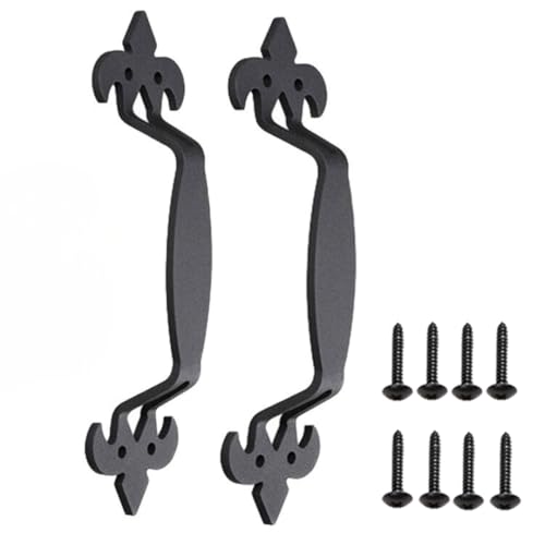 Image of 2-Pack 11 Inch Fleur Barn Door Handle - Black Cast Iron Pull for Sliding Doors, Gates, Sheds, Fences, Closets - Indoor Outdoor Farmhouse Hardware