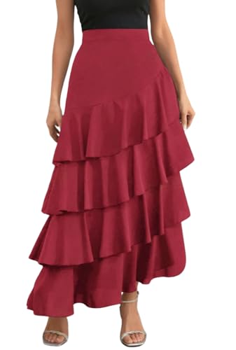chouyatou Women's Elegant Irregular Ruffle Hem Skirt Party Tiered Layered Maxi Long Skirt