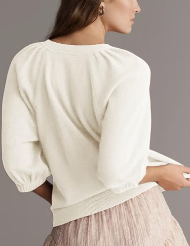 Tanming Womens Puff Short Sleeve Sweater Crew Neck Casual Outfits Work Blouses Pullover Sweaters Knit Tops(White-L) — view 4