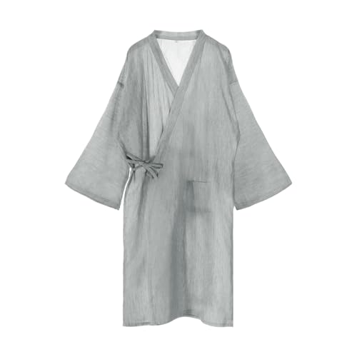 Image of SIQITECHNO Men Summer Kimono Bathrobe Long Cotton Yukata Woven Striped Pajamas Loungewear Mens Bathrobe Sleepwear Nightgown