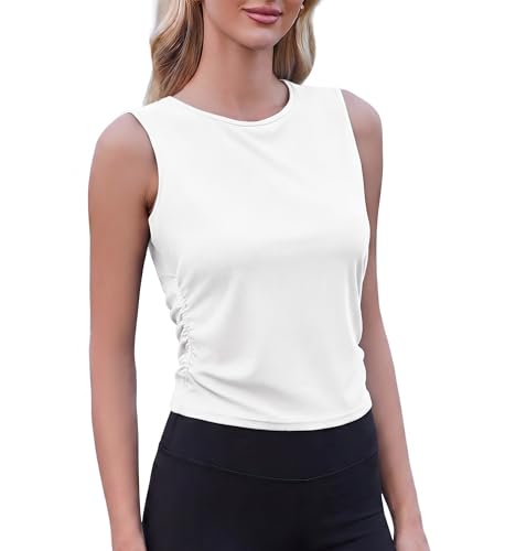 PINSPARK Damski sportowy tank top, prążkowany, bezszwowy, bez rękawów, Crop Top, lekka koszulka do fitnessu, jogi, na lato, sportowy top, biały, M