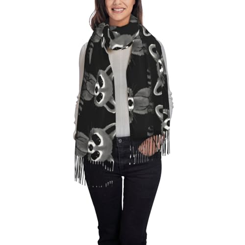 BUULOO Niedlicher Waschbär-Schal für Damen, Cartoon-Design, bedruckt, Kaschmir, warm, bequem, weich, mit Fransen, modisches Wintergeschenk., Cartoon-Waschbär, One size