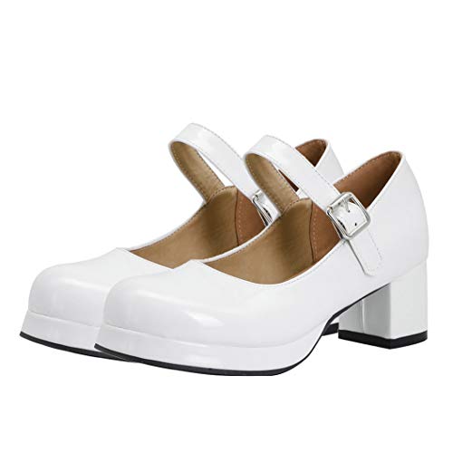 Bellirala Womens Cute Lolita Shoes White Patent Leather Mary Janes Platform Pumps Chunky Heeled Dress Shoes US Size 8